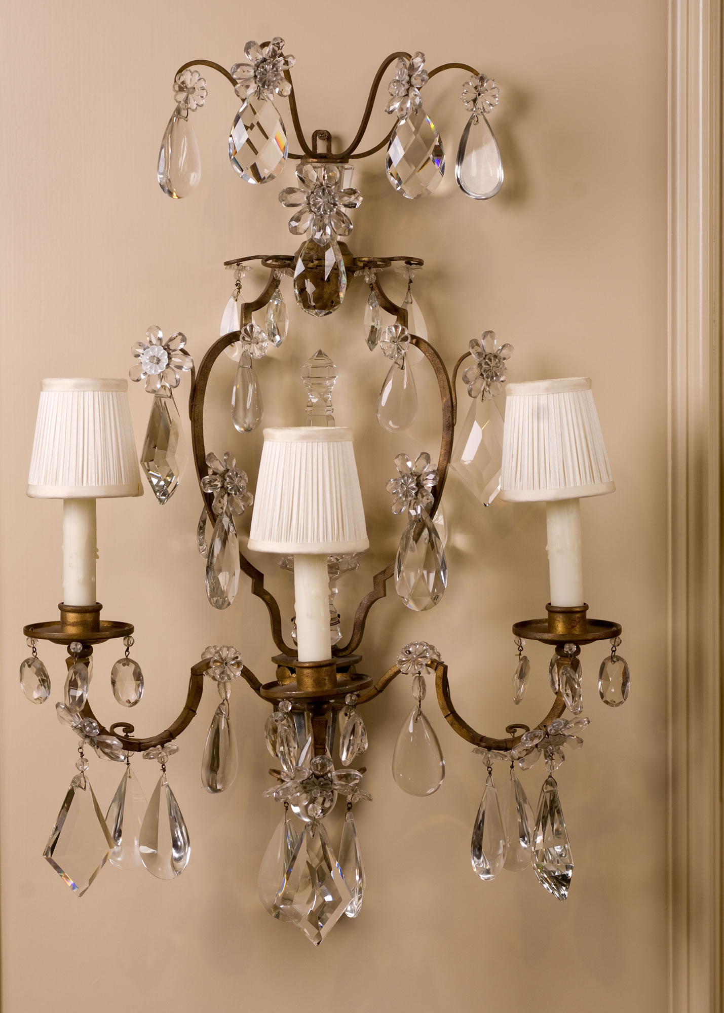 Pair of French, Late 19th Century, Crystal and Bronze Sconces Attributed to Bagues
