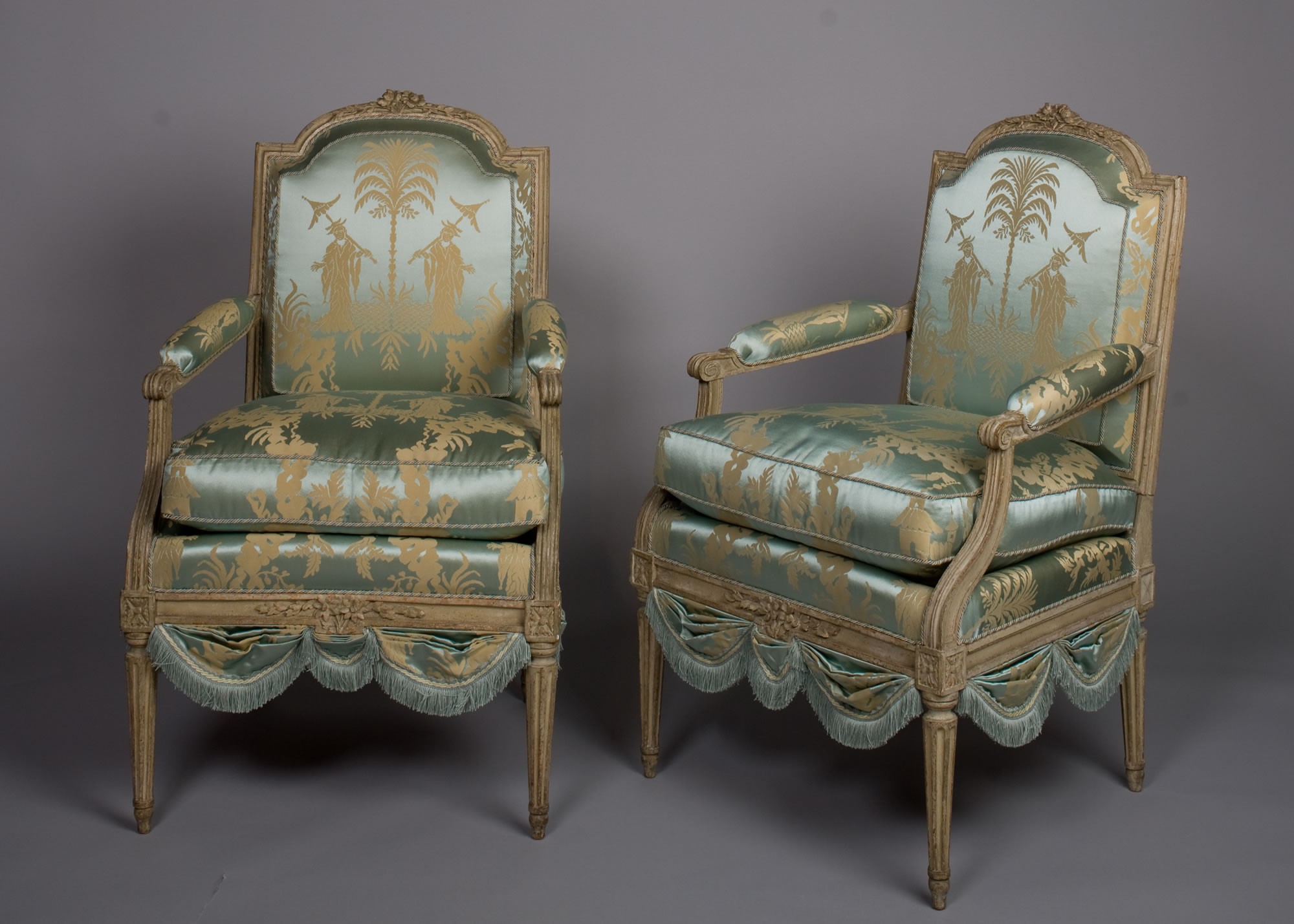 French Louis XVI Period, Painted, Beechwood Fauteuils attributed to, “C. SÉNÉ”