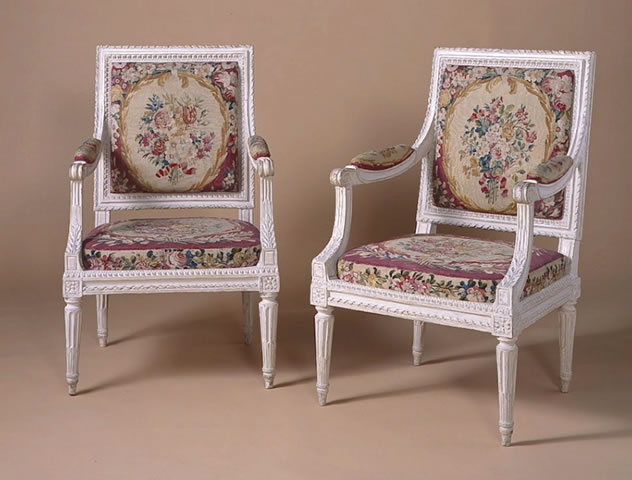 Pair of French Louis XVI Period, Grey-Painted Fauteuils Stamped by Jean-Baptiste Boulard - Click to enlarge and for full details.